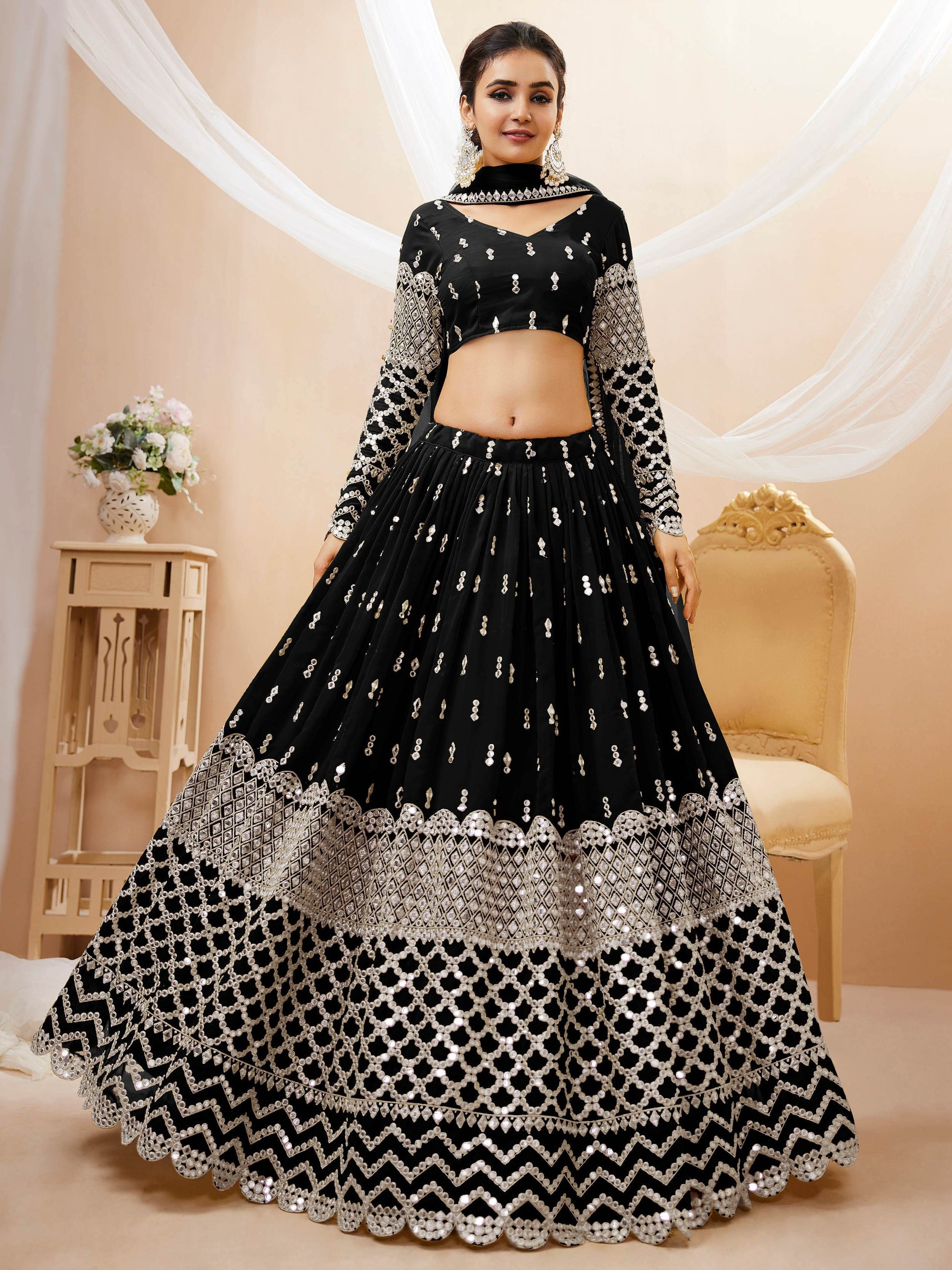 Beautiful Black Sequins Georgette Reception Wear Lehenga Choli - Zeel Clothing