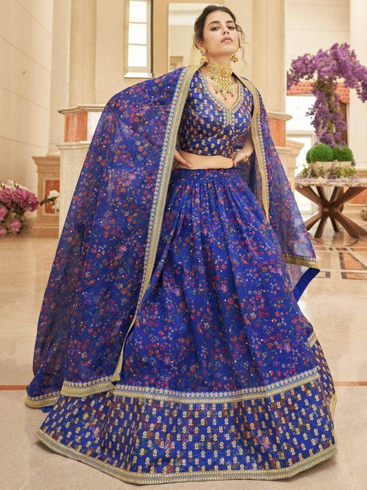 Beautiful Blue Digital Printed Organza Reception Wear Lehenga Choli - Zeel Clothing