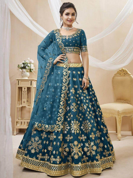 Beautiful Blue Mirror Work Art Silk Wedding Wear Lehenga Choli - Zeel Clothing