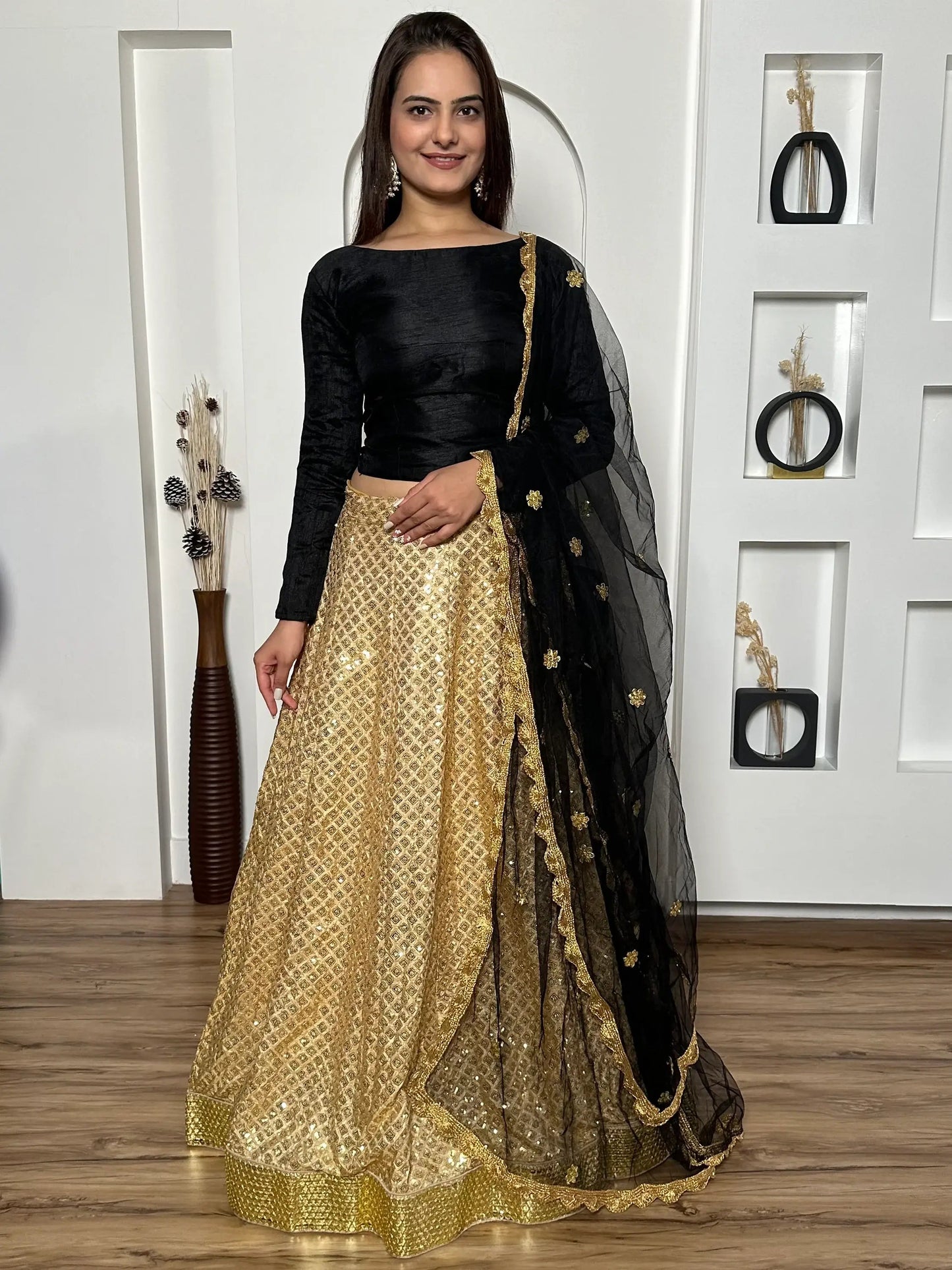 Beautiful Golden Sequins Silk Sangeet Wear Lehenga Choli With Dupatta - Zeel Clothing