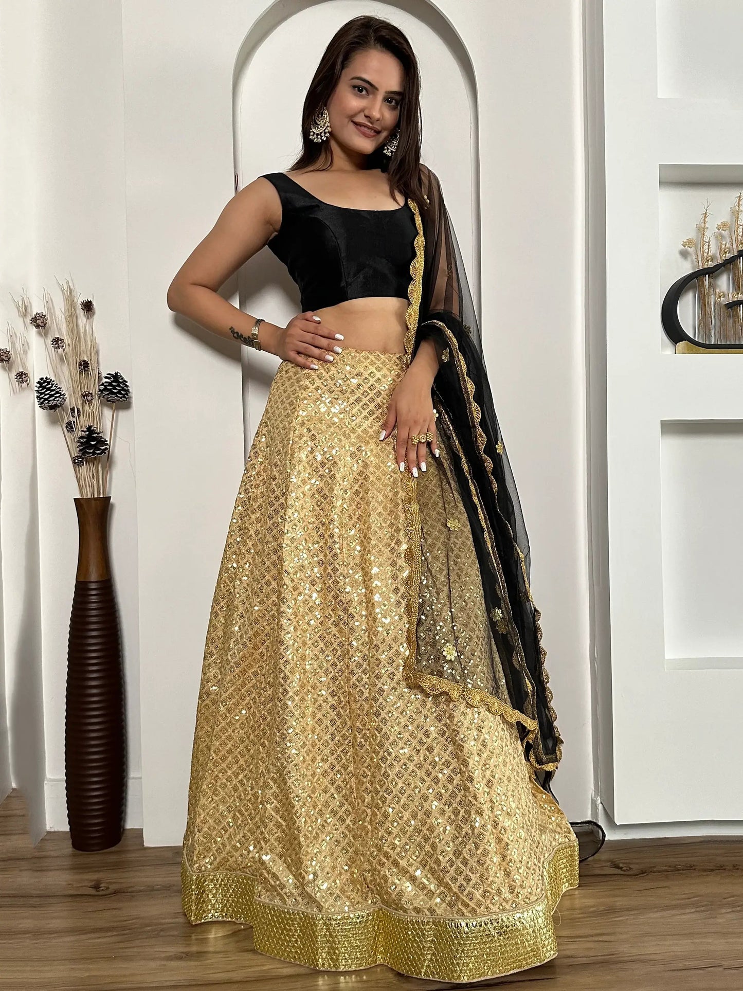 Beautiful Golden Sequins Silk Sangeet Wear Lehenga Choli With Dupatta - Zeel Clothing