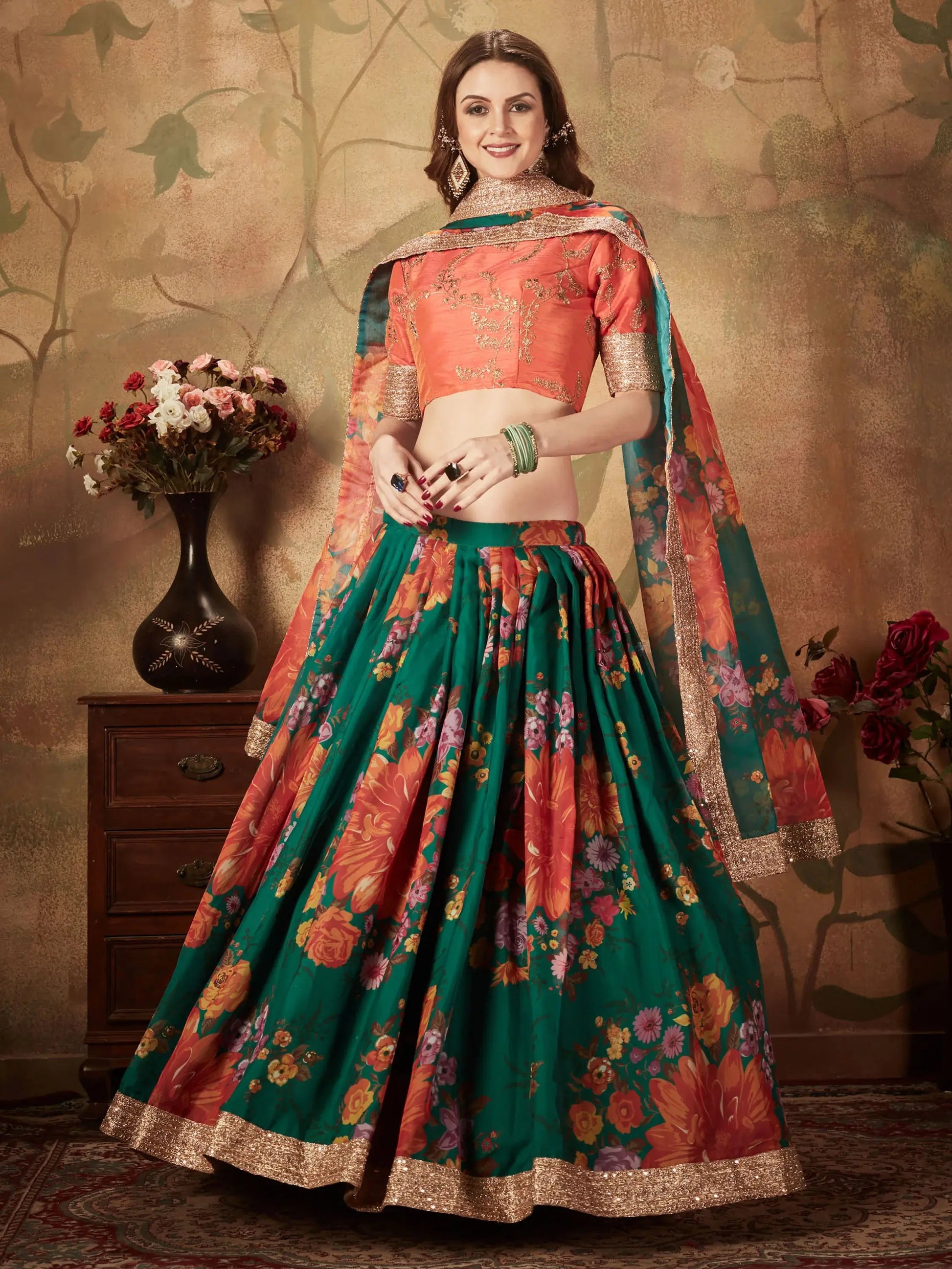 Beautiful Green Floral Digital Printed Organza Lehenga Choli - Zeel Clothing