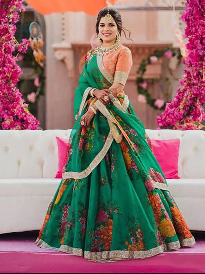 Beautiful Green Floral Digital Printed Organza Lehenga Choli - Zeel Clothing