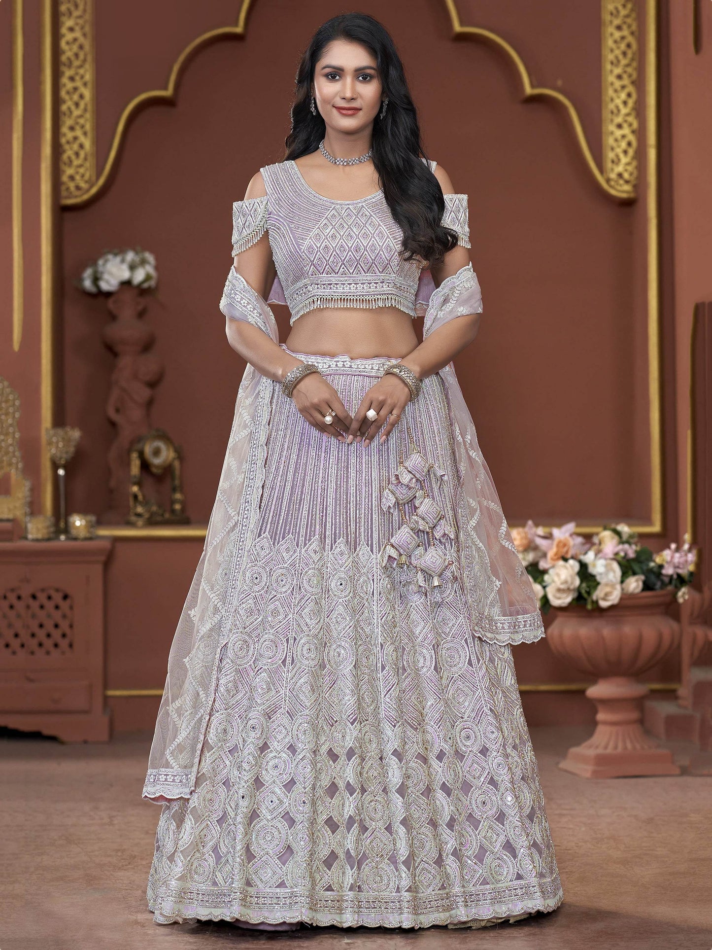 Beautiful Lavender Jarkan Work Net Bridesmaid Lehenga Choli - Zeel Clothing