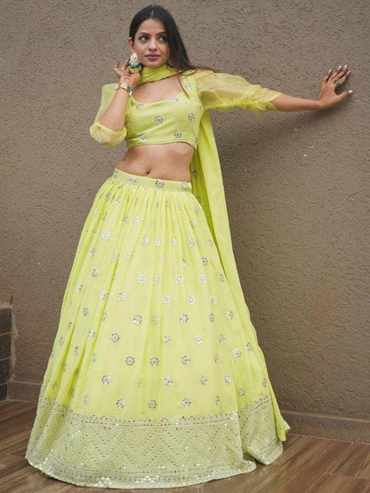 Beautiful Lime Green Sequins Georgette Sangeet Wear Lehenga Choli - Zeel Clothing