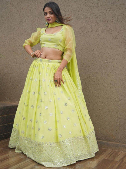 Beautiful Lime Green Sequins Georgette Sangeet Wear Lehenga Choli - Zeel Clothing