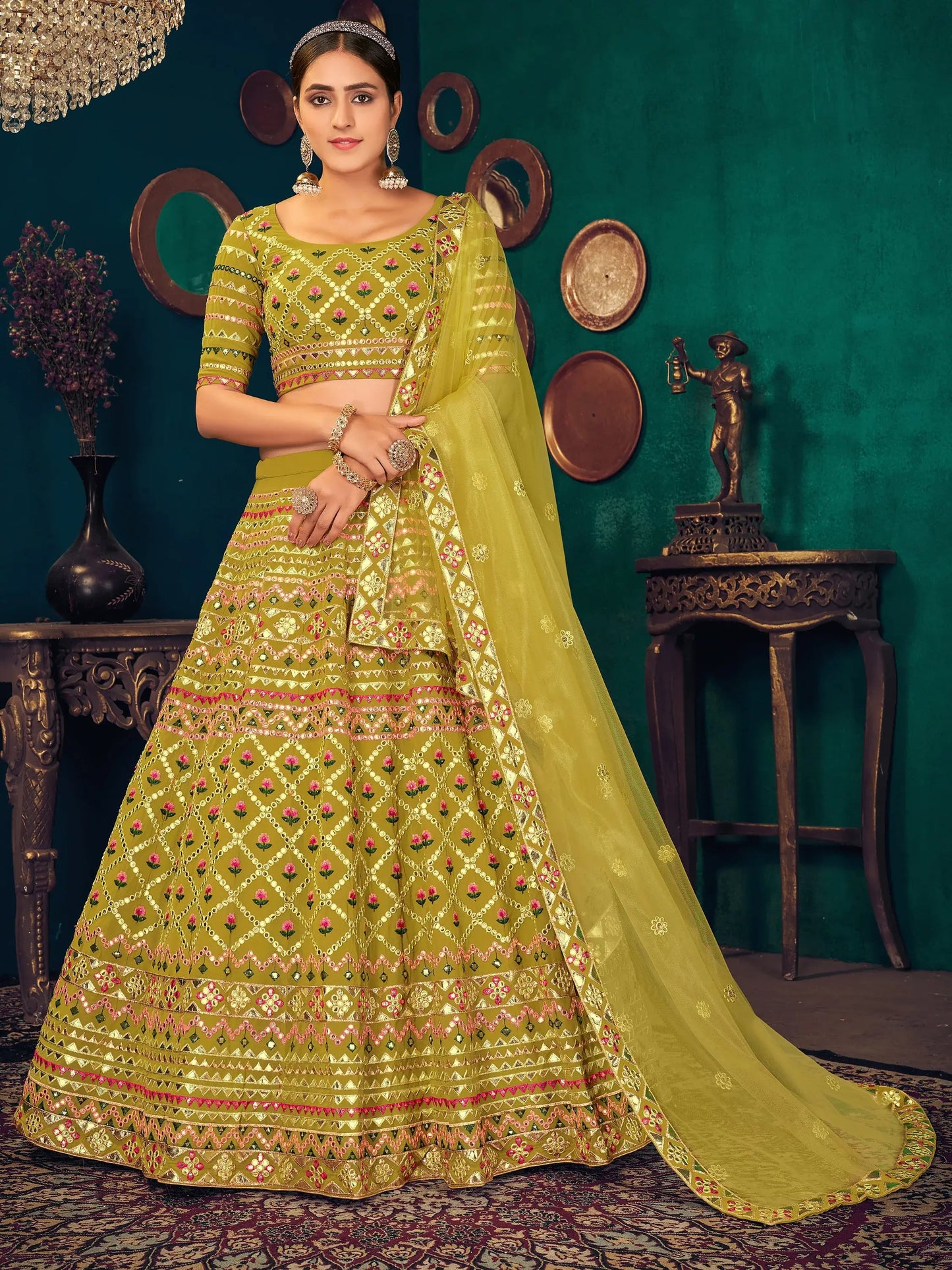 Beautiful Lime Green Thread Work Georgette Lehenga Choli With Dupatta - Zeel Clothing