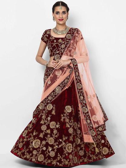 Beautiful Maroon Colored Party wear Designer Embroidered Velvet Lehenga Choli - Zeel Clothing