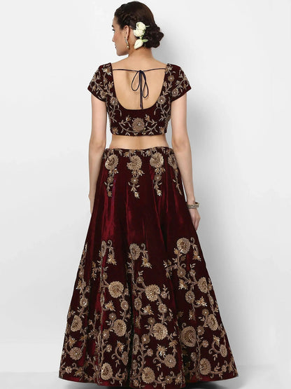 Beautiful Maroon Colored Party wear Designer Embroidered Velvet Lehenga Choli - Zeel Clothing