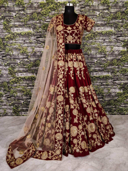 Beautiful Maroon Colored Party wear Designer Embroidered Velvet Lehenga Choli - Zeel Clothing