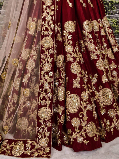Beautiful Maroon Colored Party wear Designer Embroidered Velvet Lehenga Choli - Zeel Clothing