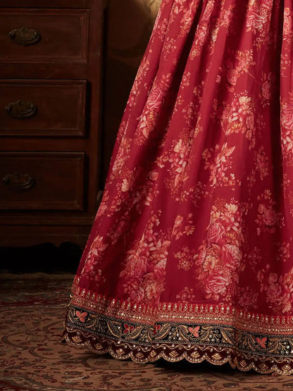 Beautiful Maroon Floral Printed Organza Wedding Lehenga Choli - Zeel Clothing