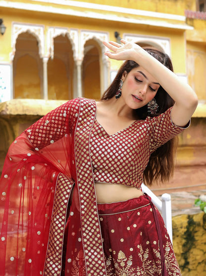 Beautiful Maroon Sequins Raw Silk Bridal Lehenga Choli With Dupatta - Zeel Clothing
