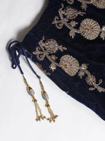 Beautiful Navy Blue Colored Party Wear Designer Embroidered Velvet Lehenga Choli - Zeel Clothing