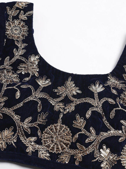 Beautiful Navy Blue Colored Party Wear Designer Embroidered Velvet Lehenga Choli - Zeel Clothing