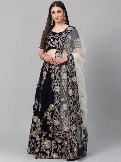 Beautiful Navy Blue Colored Party Wear Designer Embroidered Velvet Lehenga Choli - Zeel Clothing