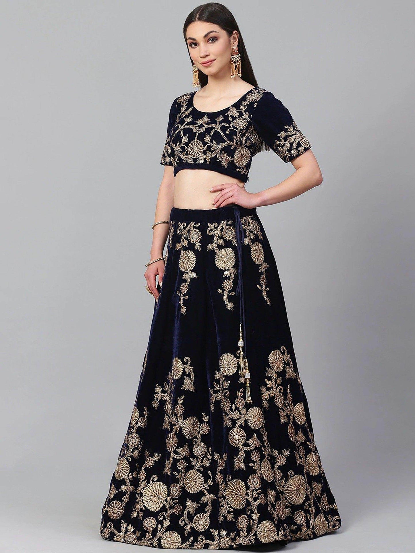 Beautiful Navy Blue Colored Party Wear Designer Embroidered Velvet Lehenga Choli - Zeel Clothing