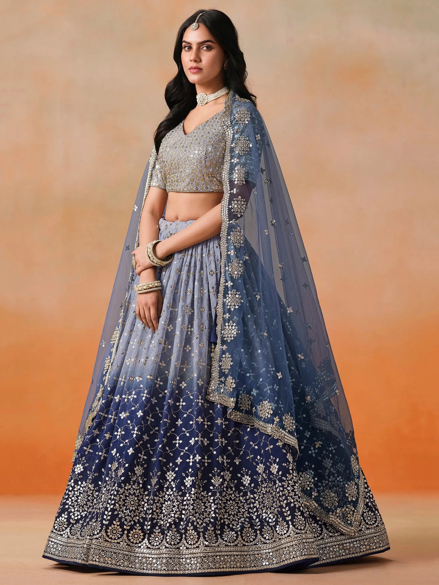 Beautiful Navy Blue Georgette Designer Lehenga Choli With Dupatta - Zeel Clothing