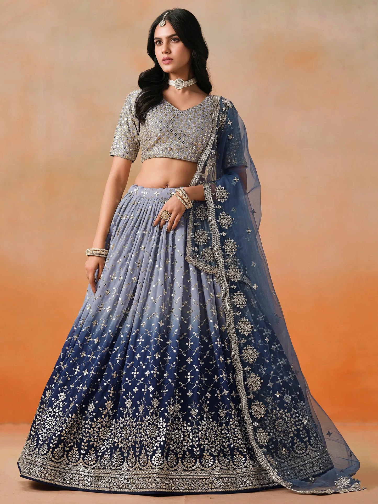 Beautiful Navy Blue Georgette Designer Lehenga Choli With Dupatta - Zeel Clothing