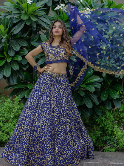 Beautiful Navy Blue Sequins Net Wedding Lehenga Choli With Dupatta - Zeel Clothing