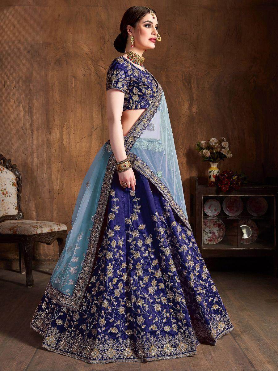 Beautiful Navy Blue Sequins Raw Silk Wedding Wear Lehenga Choli - Zeel Clothing