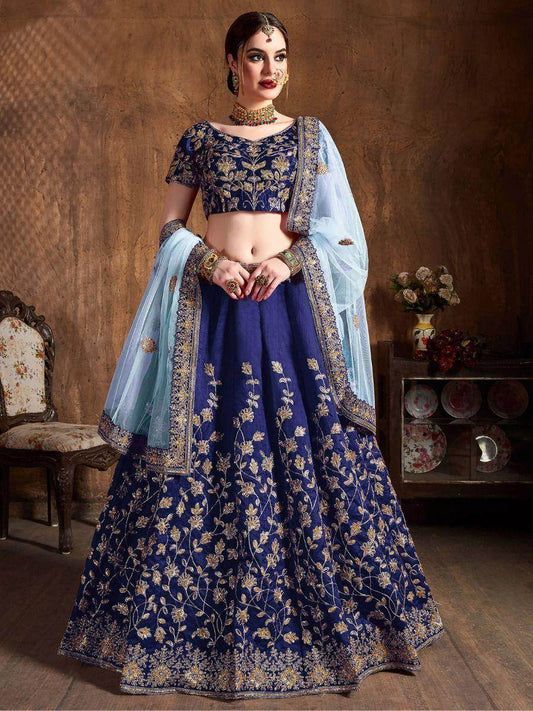 Beautiful Navy Blue Sequins Raw Silk Wedding Wear Lehenga Choli - Zeel Clothing
