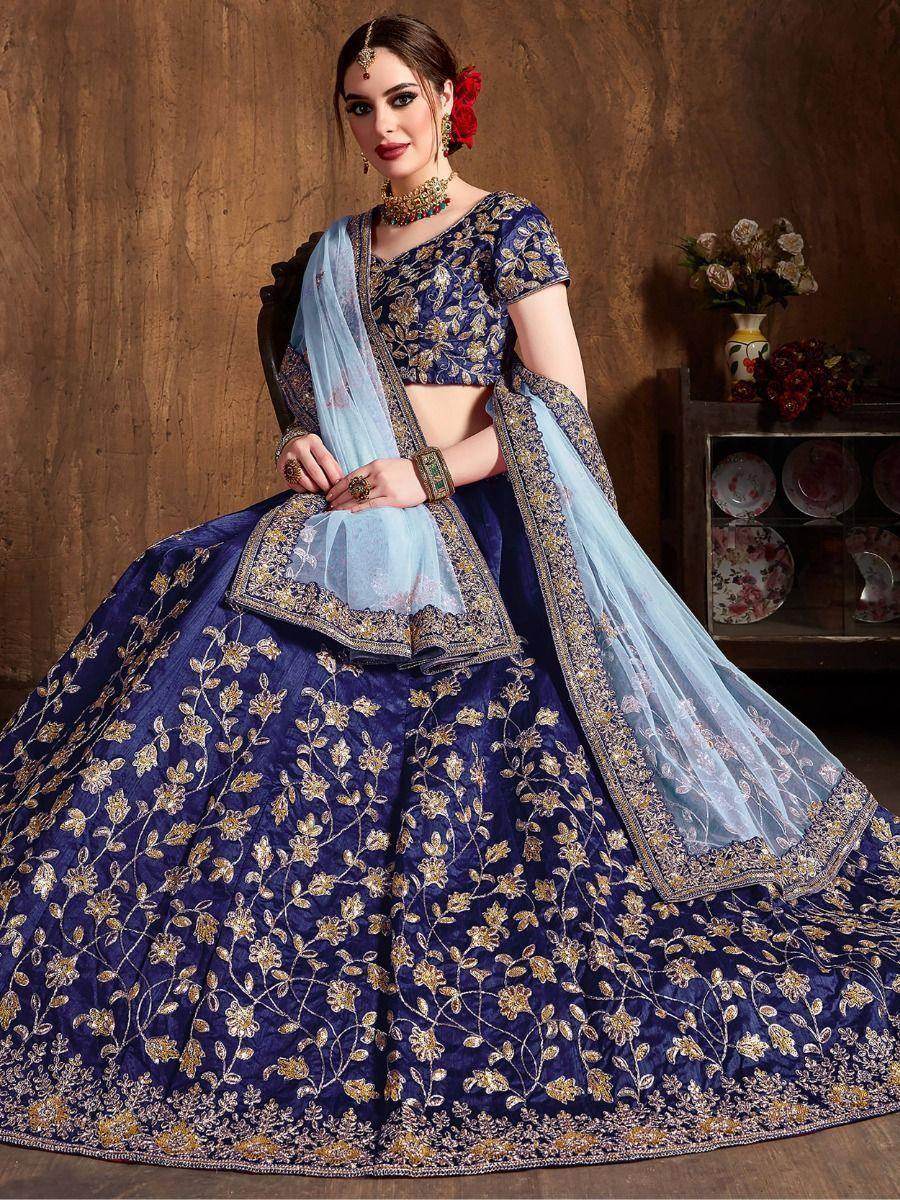 Beautiful Navy Blue Sequins Raw Silk Wedding Wear Lehenga Choli - Zeel Clothing