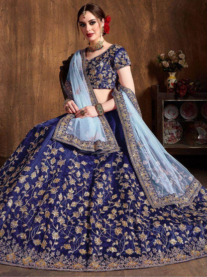 Beautiful Navy Blue Sequins Raw Silk Wedding Wear Lehenga Choli - Zeel Clothing