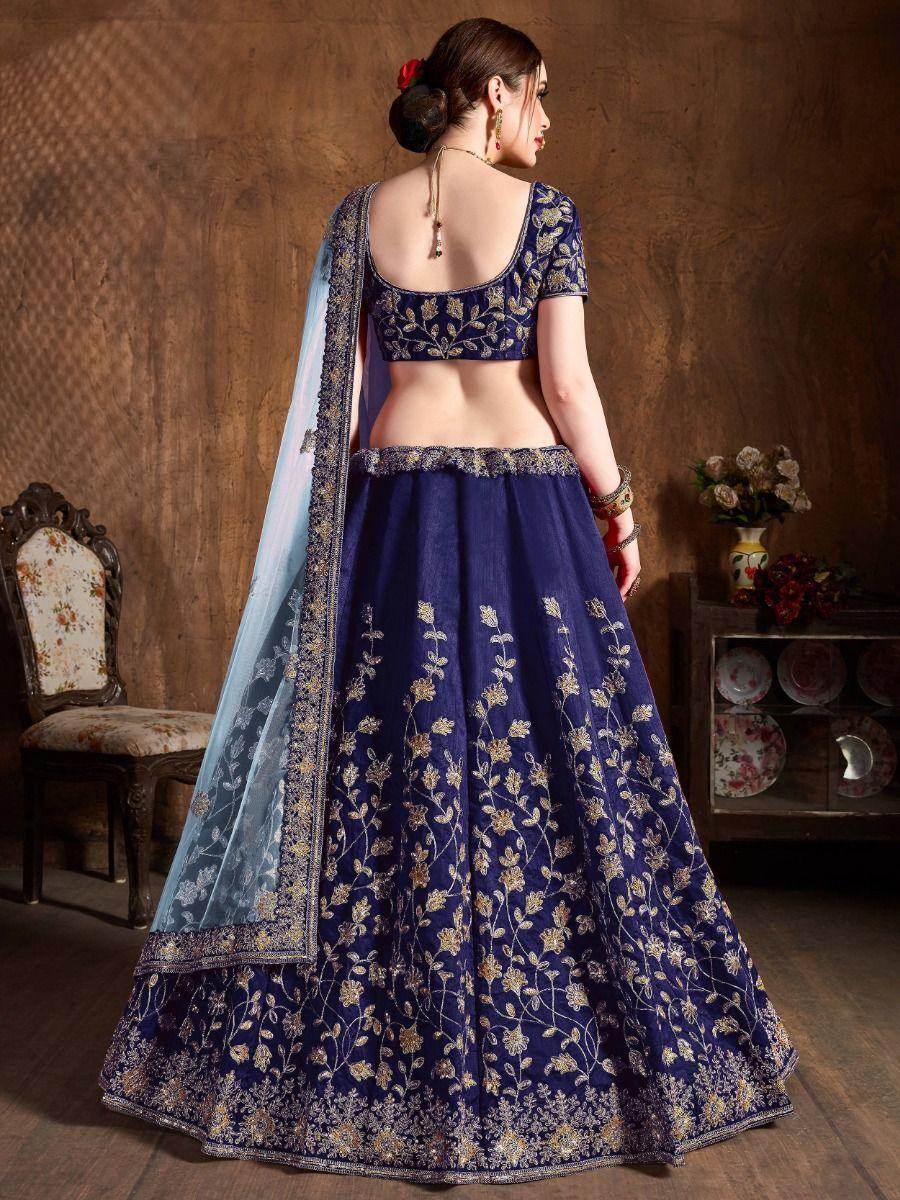 Beautiful Navy Blue Sequins Raw Silk Wedding Wear Lehenga Choli - Zeel Clothing