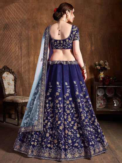 Beautiful Navy Blue Sequins Raw Silk Wedding Wear Lehenga Choli - Zeel Clothing