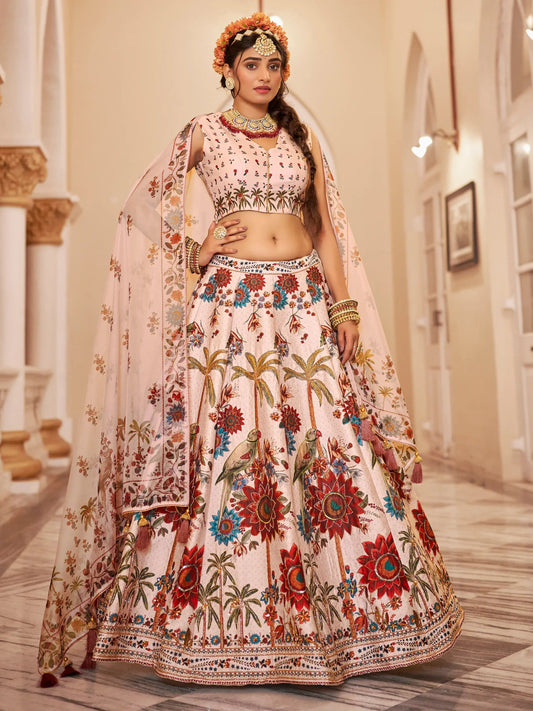 Beautiful Off-White Floral Printed Art Silk Wedding Wear Lehenga Choli - Zeel Clothing