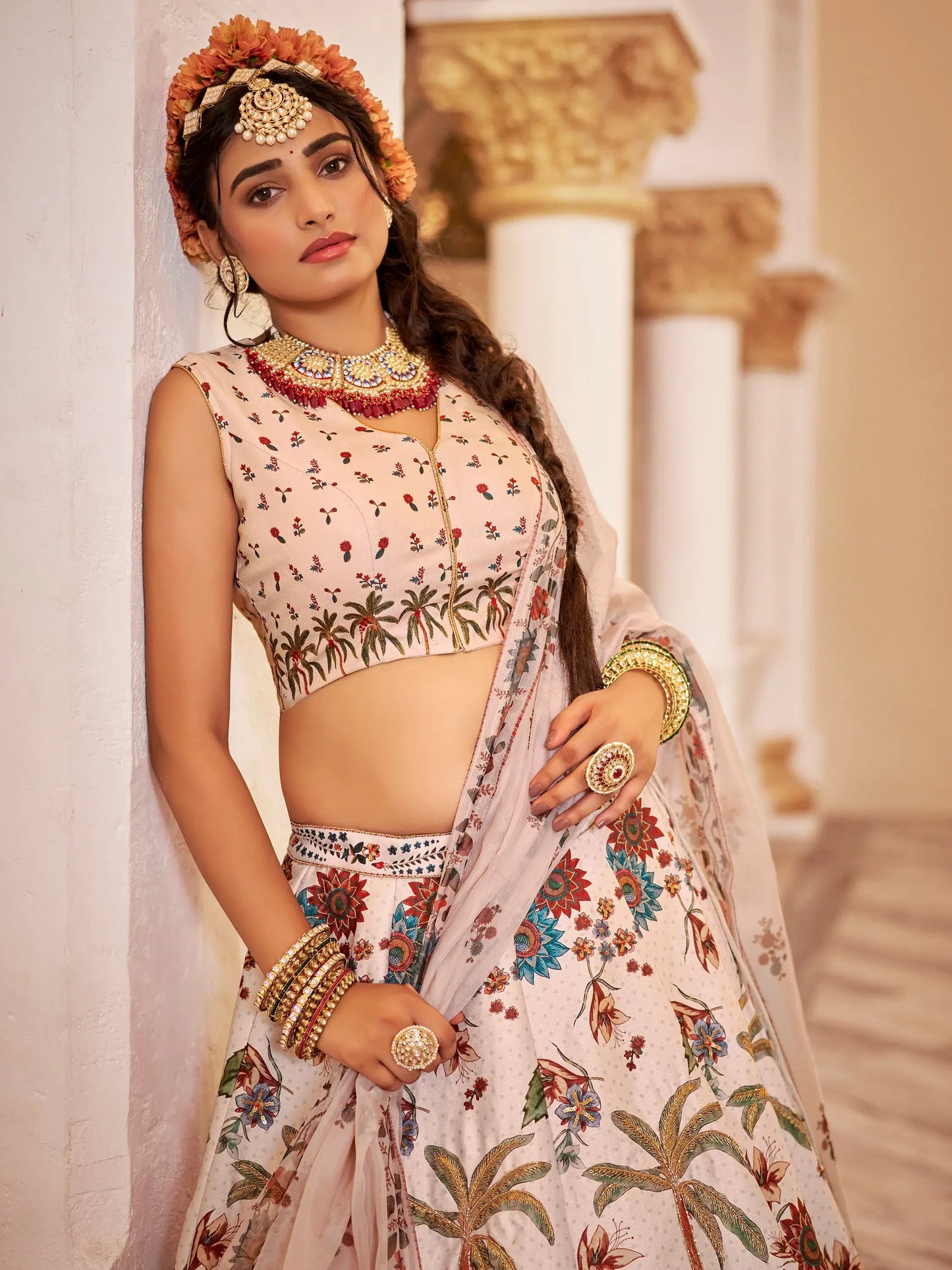 Beautiful Off-White Floral Printed Art Silk Wedding Wear Lehenga Choli - Zeel Clothing
