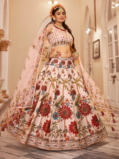 Beautiful Off-White Floral Printed Art Silk Wedding Wear Lehenga Choli - Zeel Clothing