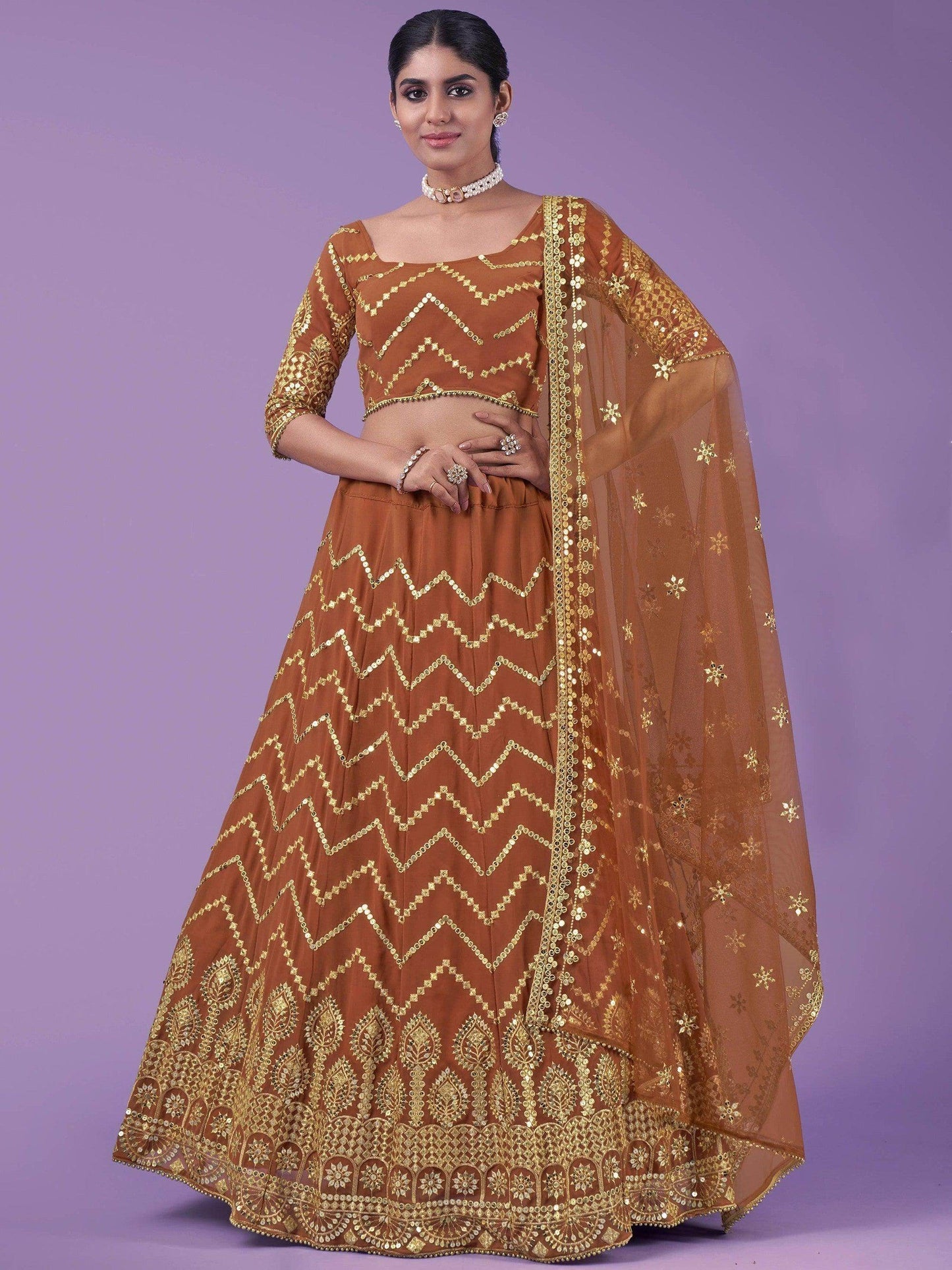 Beautiful Orange Sequins Georgette Wedding Wear Lehenga Choli - Zeel Clothing