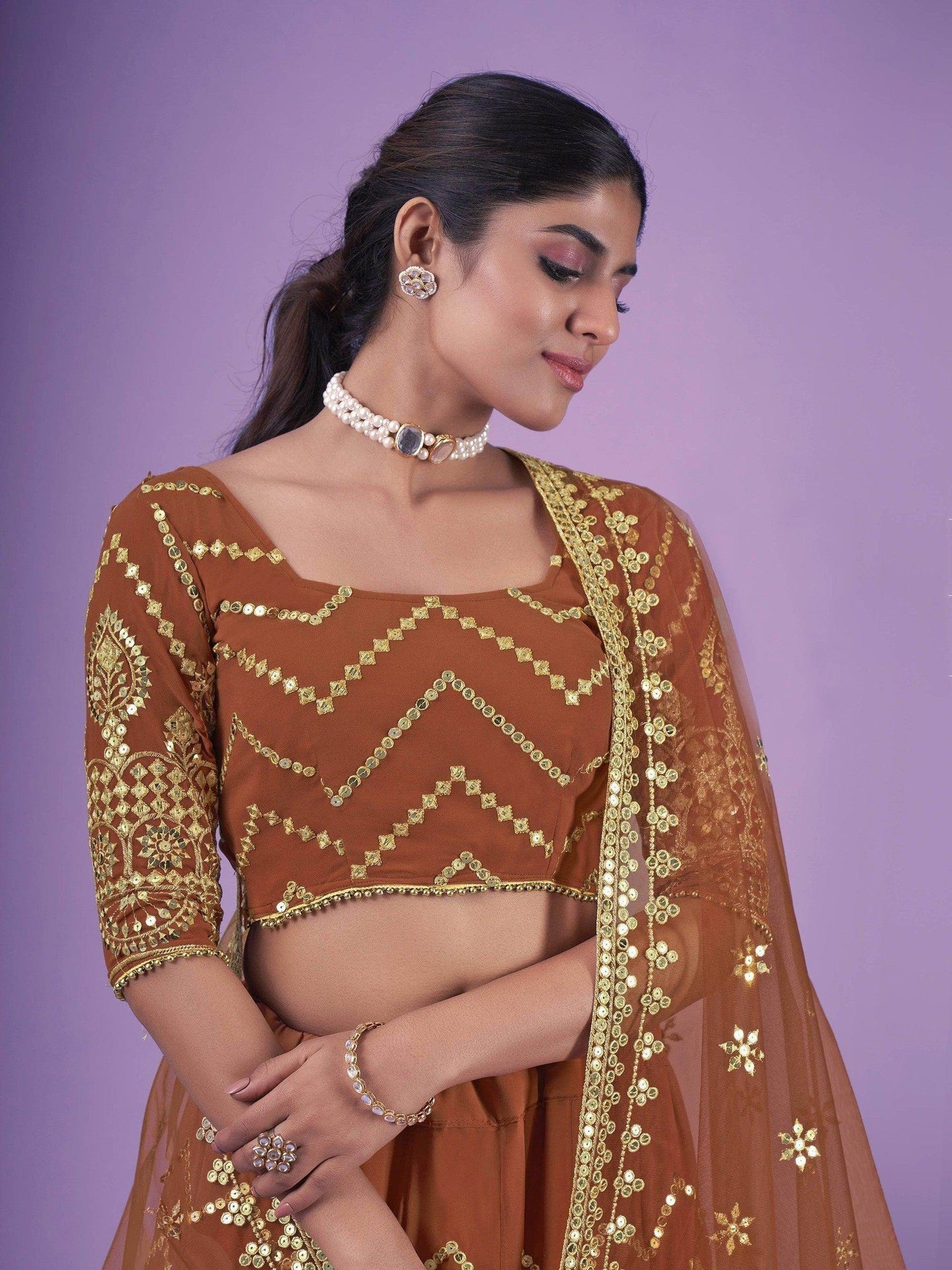 Beautiful Orange Sequins Georgette Wedding Wear Lehenga Choli - Zeel Clothing