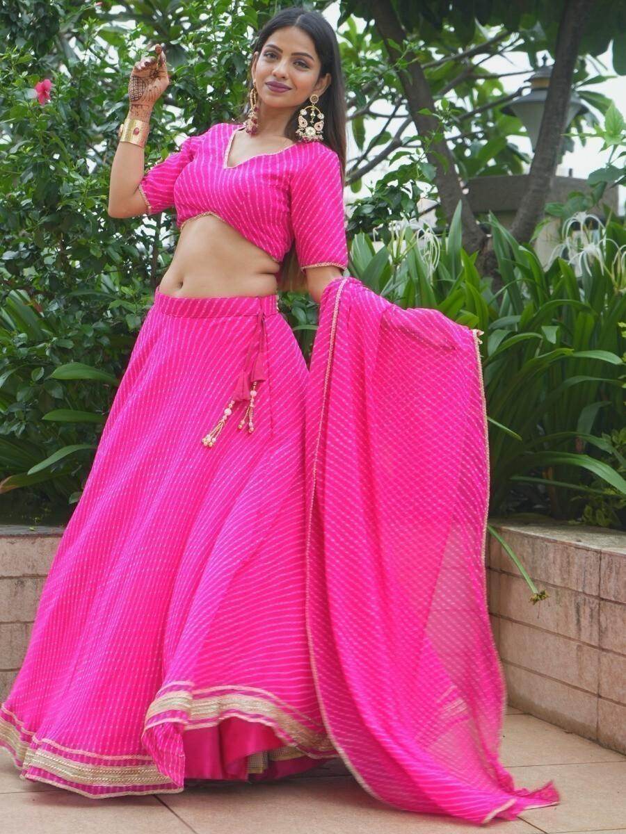 Beautiful Pink Lahariya Print Georgette Sangeet Wear Lehenga Choli - Zeel Clothing