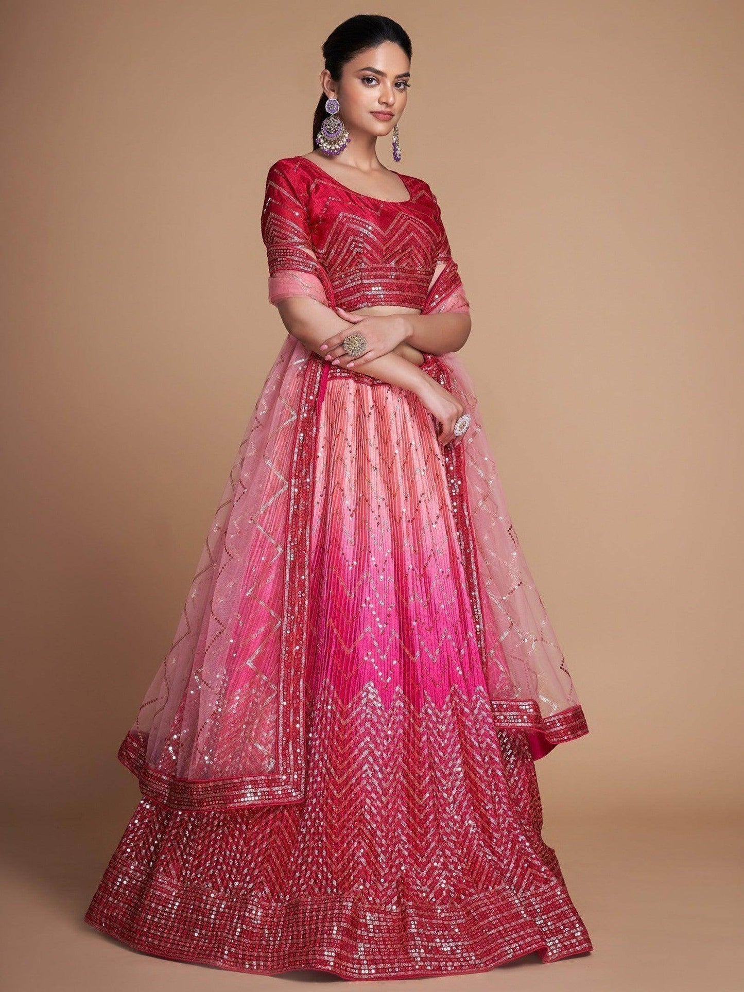 Beautiful Pink Sequins Chinon Engagement Wear Lehenga Choli - Zeel Clothing