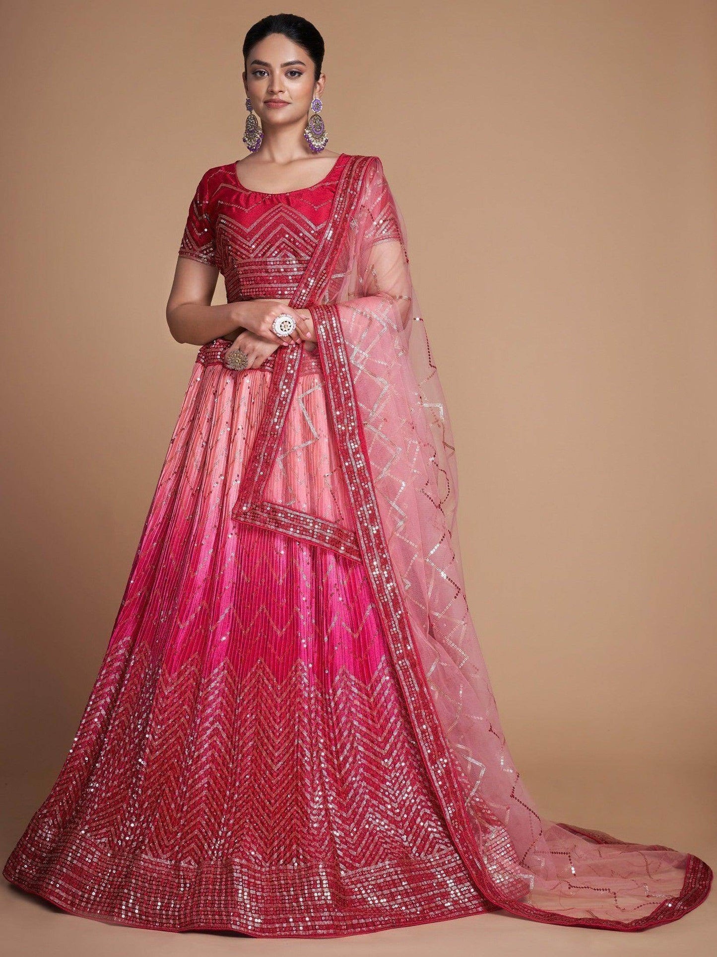 Beautiful Pink Sequins Chinon Engagement Wear Lehenga Choli - Zeel Clothing