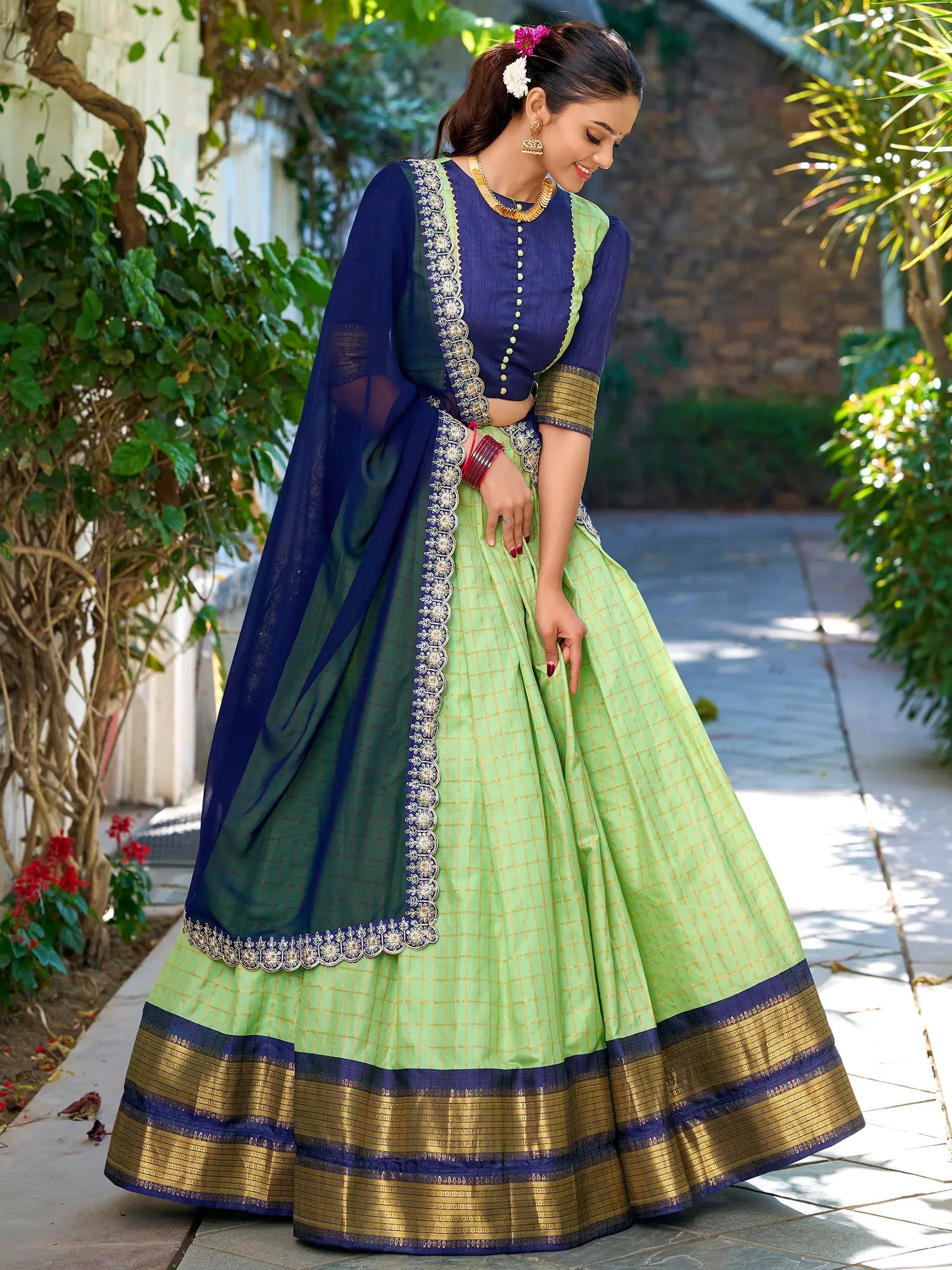 Beautiful Pista Green Zari Weaving Art Silk Traditional Half Saree Lehenga - Zeel Clothing