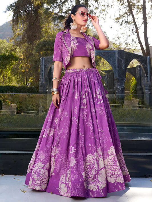 Beautiful Purple Printed Silk Party Wear Crop Top Lehenga With Jacket - Zeel Clothing