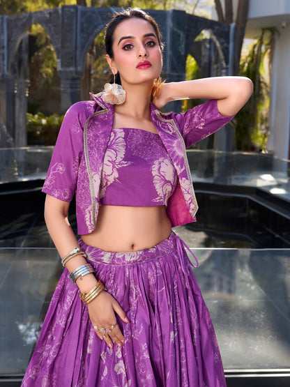 Beautiful Purple Printed Silk Party Wear Crop Top Lehenga With Jacket - Zeel Clothing