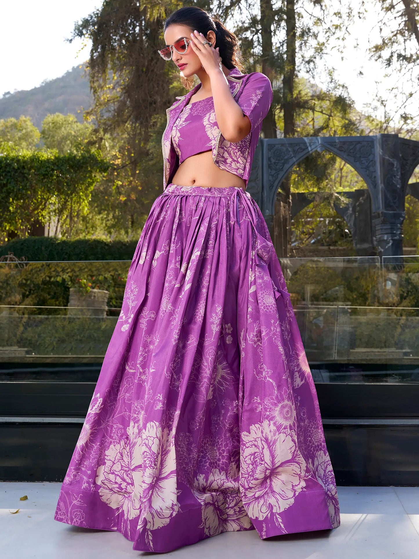 Beautiful Purple Printed Silk Party Wear Crop Top Lehenga With Jacket - Zeel Clothing