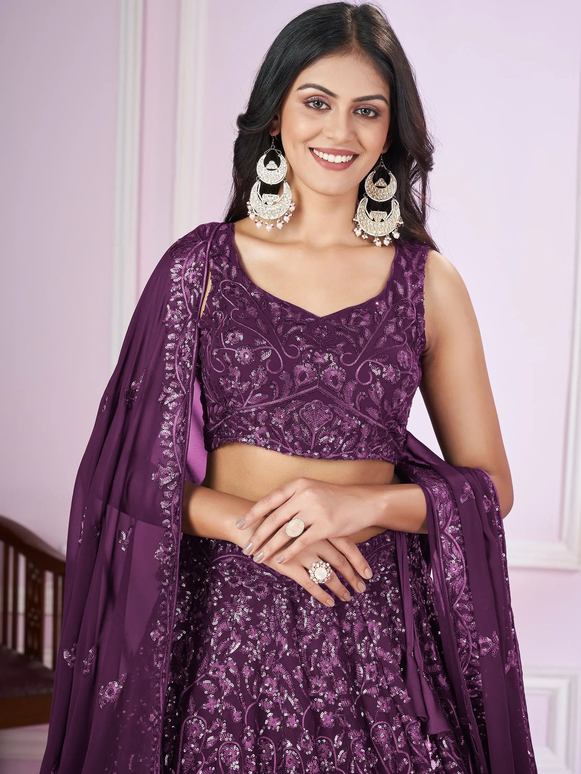 Beautiful Purple Sequins Georgette Wedding Lehenga Choli With Dupatta - Zeel Clothing
