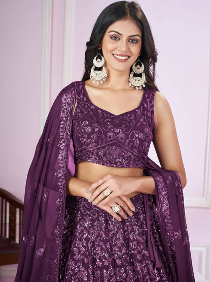 Beautiful Purple Sequins Georgette Wedding Lehenga Choli With Dupatta - Zeel Clothing
