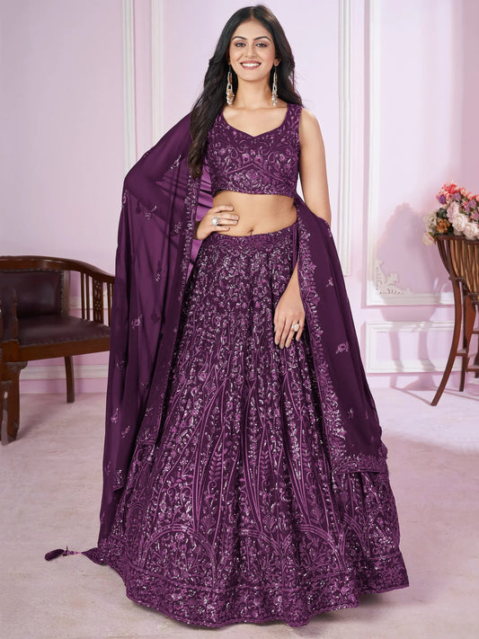 Beautiful Purple Sequins Georgette Wedding Lehenga Choli With Dupatta - Zeel Clothing