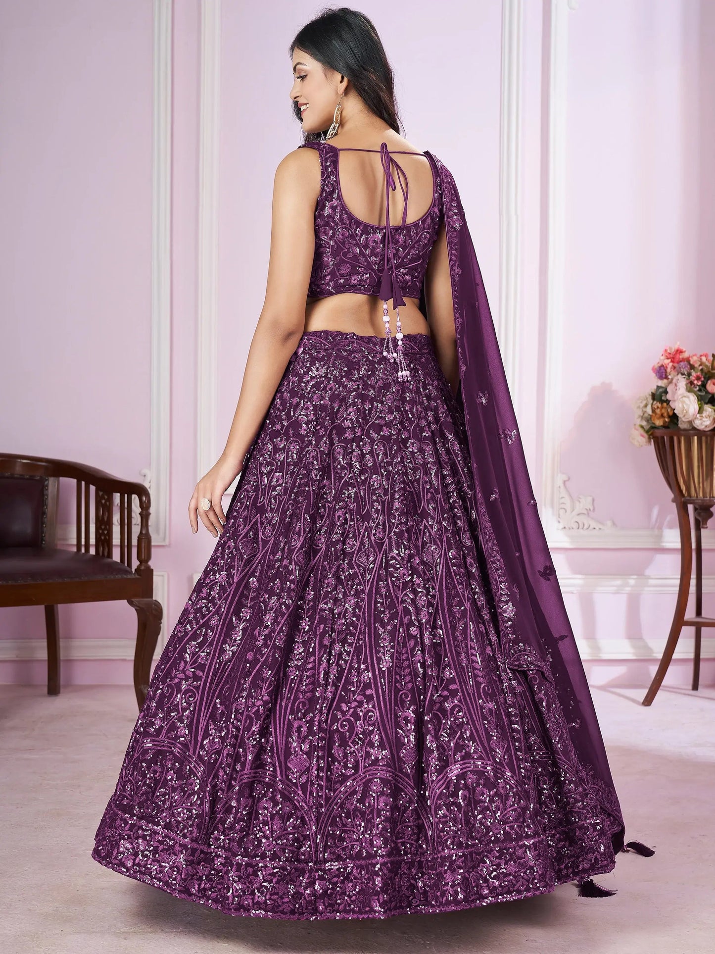 Beautiful Purple Sequins Georgette Wedding Lehenga Choli With Dupatta - Zeel Clothing