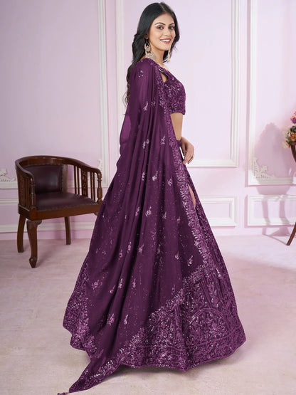 Beautiful Purple Sequins Georgette Wedding Lehenga Choli With Dupatta - Zeel Clothing