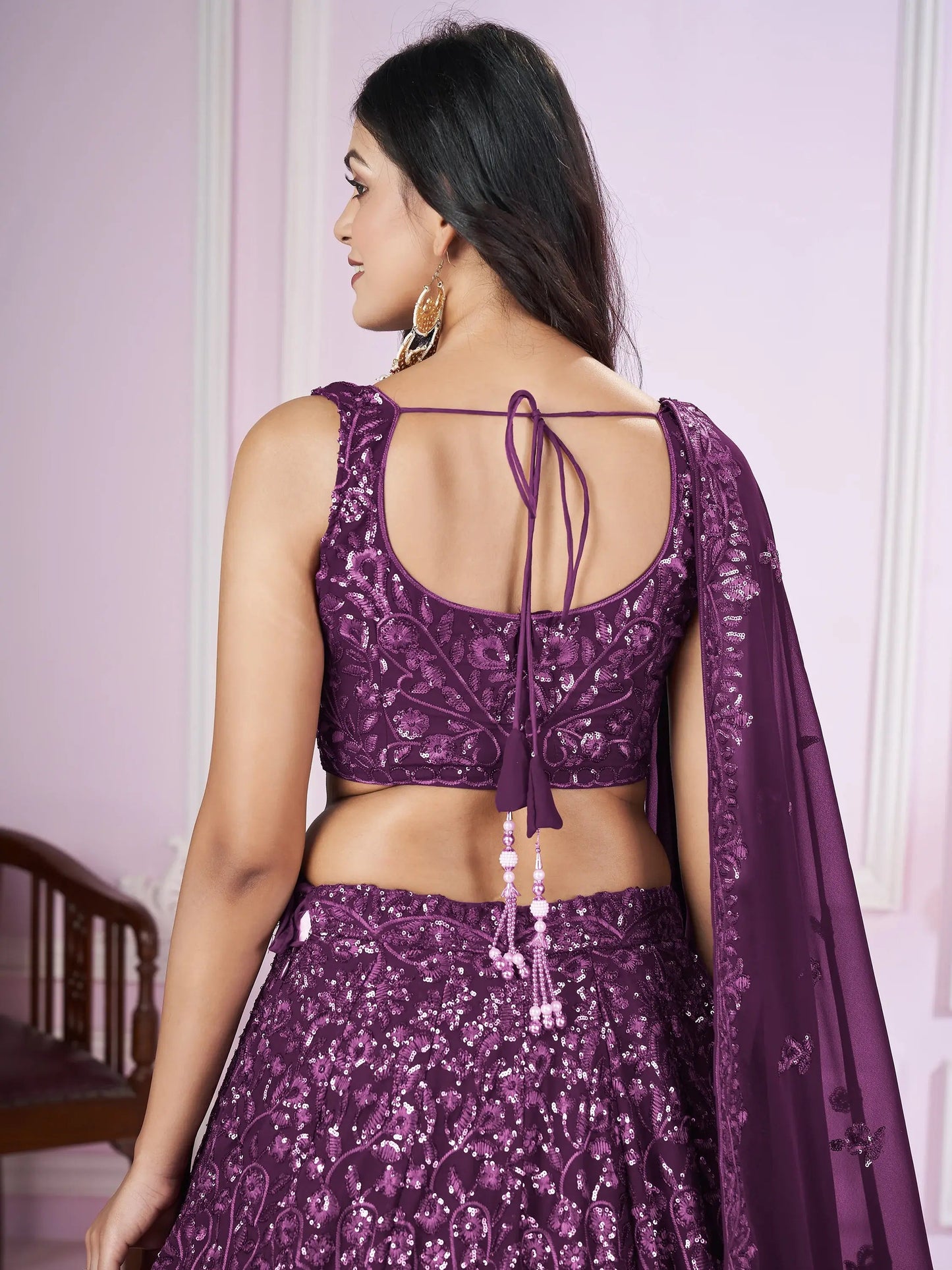 Beautiful Purple Sequins Georgette Wedding Lehenga Choli With Dupatta - Zeel Clothing