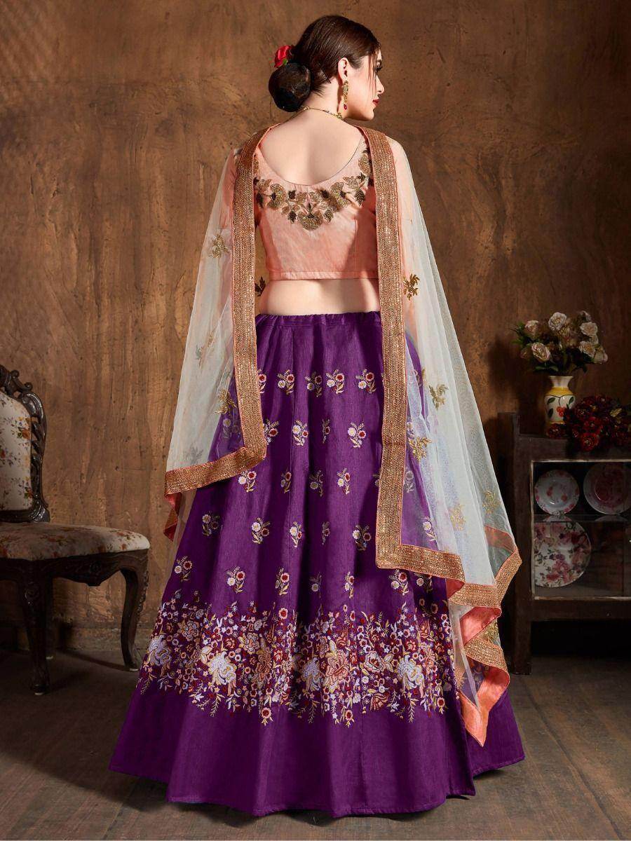 Beautiful Purple Thread Work Raw Silk Lehenga Choli With Dupatta - Zeel Clothing