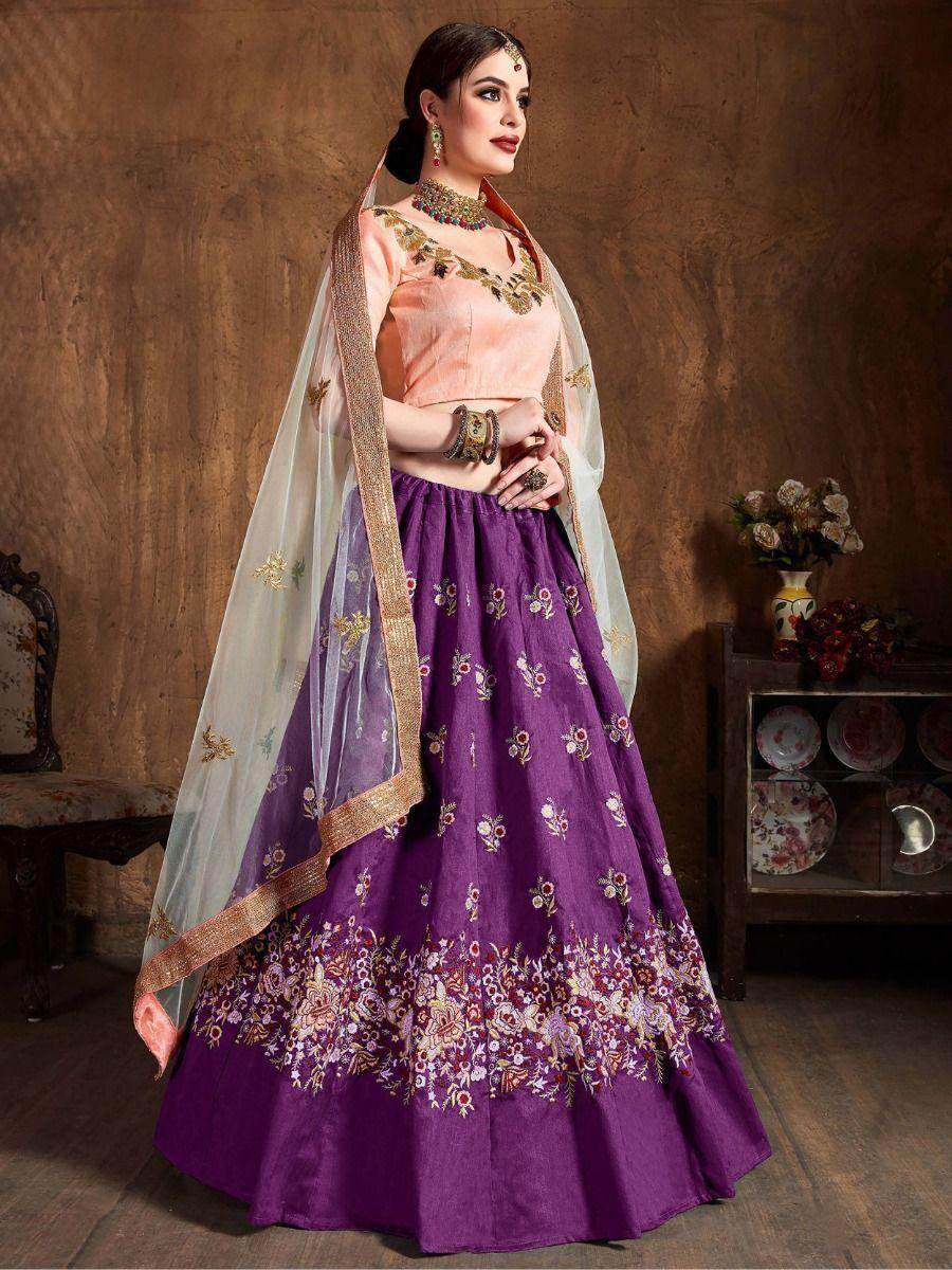 Beautiful Purple Thread Work Raw Silk Lehenga Choli With Dupatta - Zeel Clothing